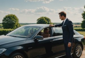 chauffeur vip avec sa berline noire de luxe