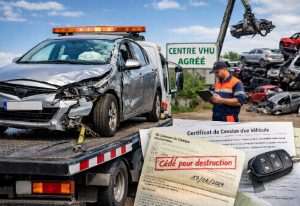 voiture sur une remorqueuse avec certificat de destruction