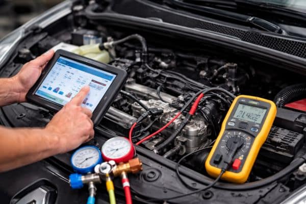 multimètre branché sur la climatisation d'une scenic 3