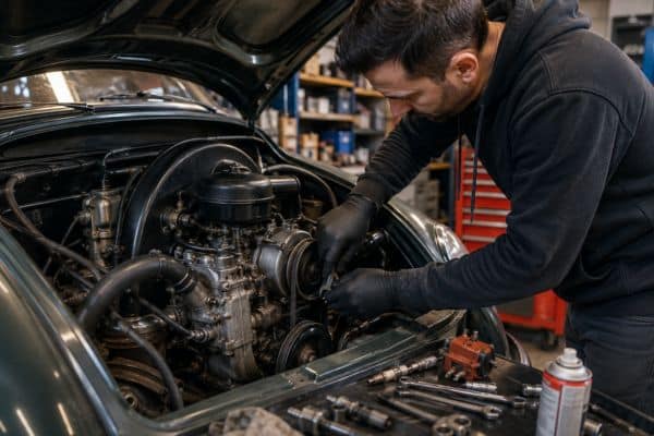 Mécanicien travaillant sur une voiture ancienne