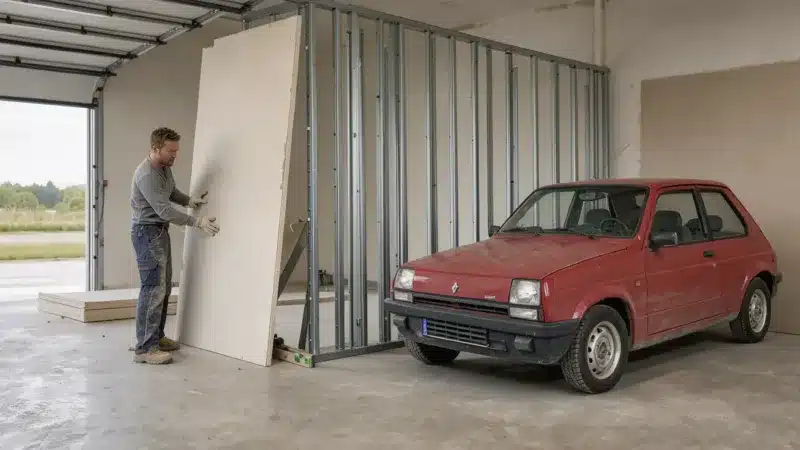 Pose d’une cloison placo de 3 m dans un garage français, avec une Renault 5 ancienne.