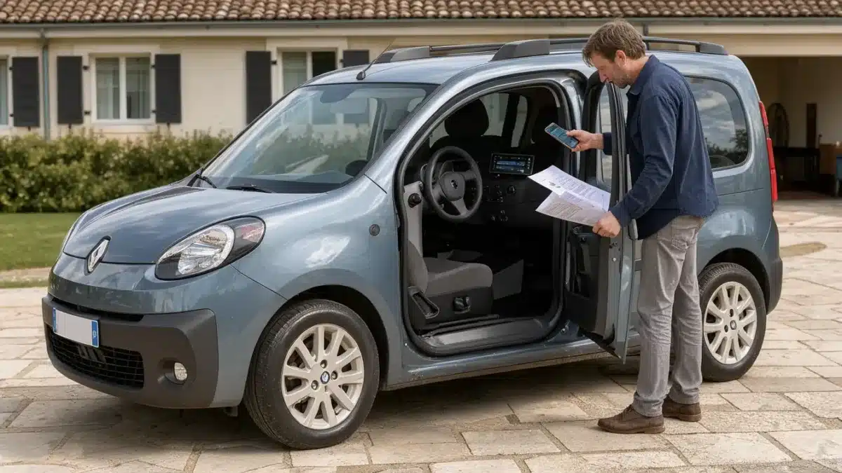 Dans un Renault Kangoo II, un propriétaire vérifie les papiers du véhicule près de l’autoradio.