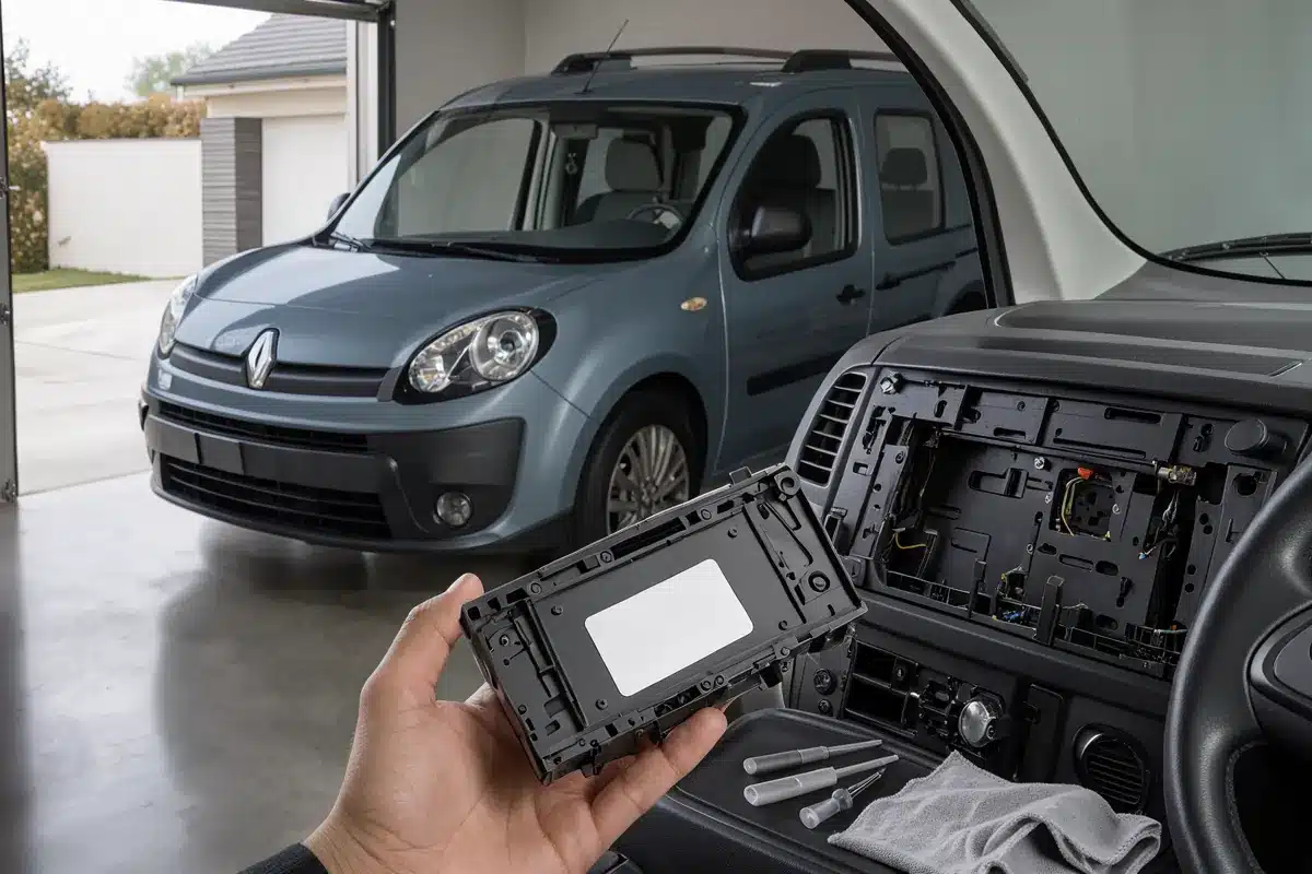 Un autoradio démonté d’un Renault Kangoo II pour repérer son précode sur l’étiquette.