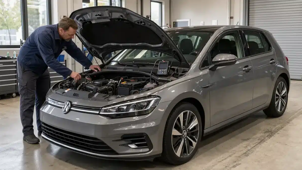 Une Volkswagen Golf 8 2.0 TDI contrôlée dans un atelier avant achat