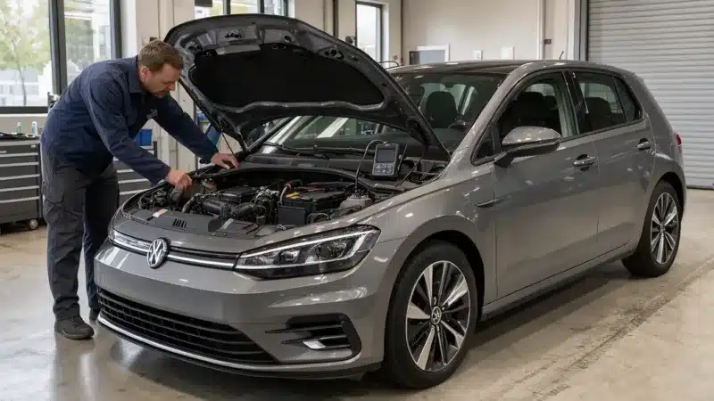 Une Volkswagen Golf 8 2.0 TDI contrôlée dans un atelier avant achat