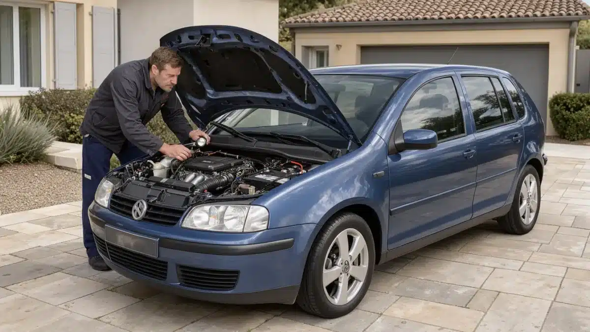 Volkswagen Golf Plus 1.4 80 ch, capot ouvert lors d’un contrôle moteur