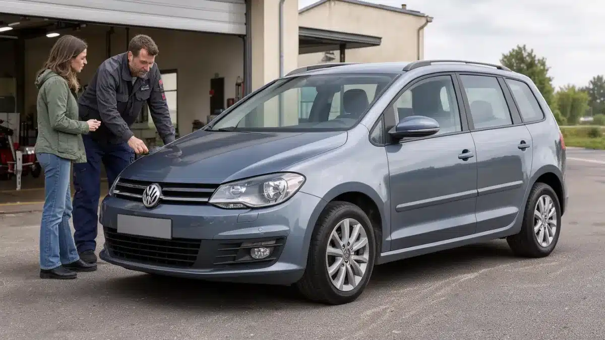 Une Volkswagen Golf Plus 1.2 TSI 105 examinée devant un garage
