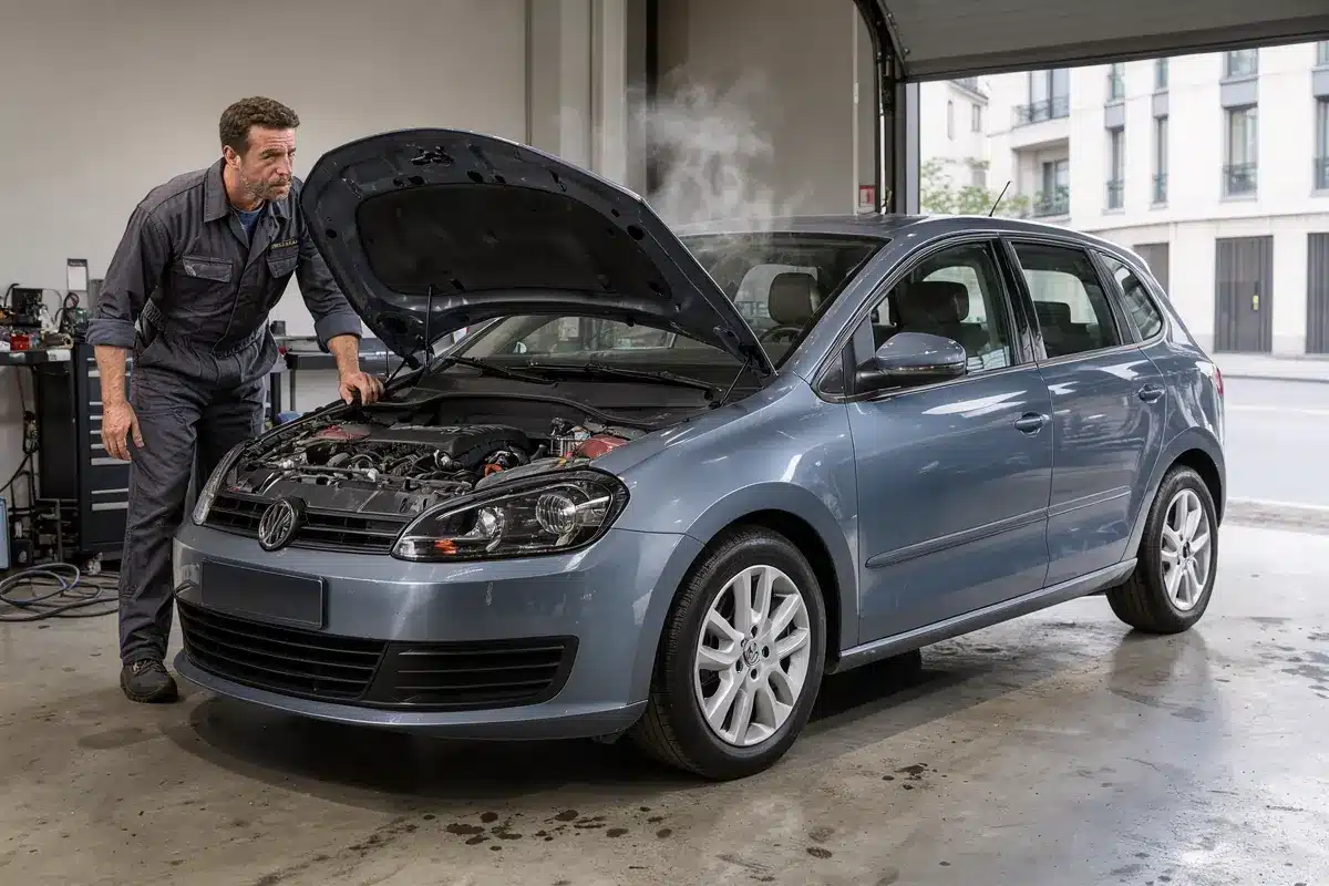 Un mécanicien écoute le moteur à froid d’une Golf Plus 1.2 TSI