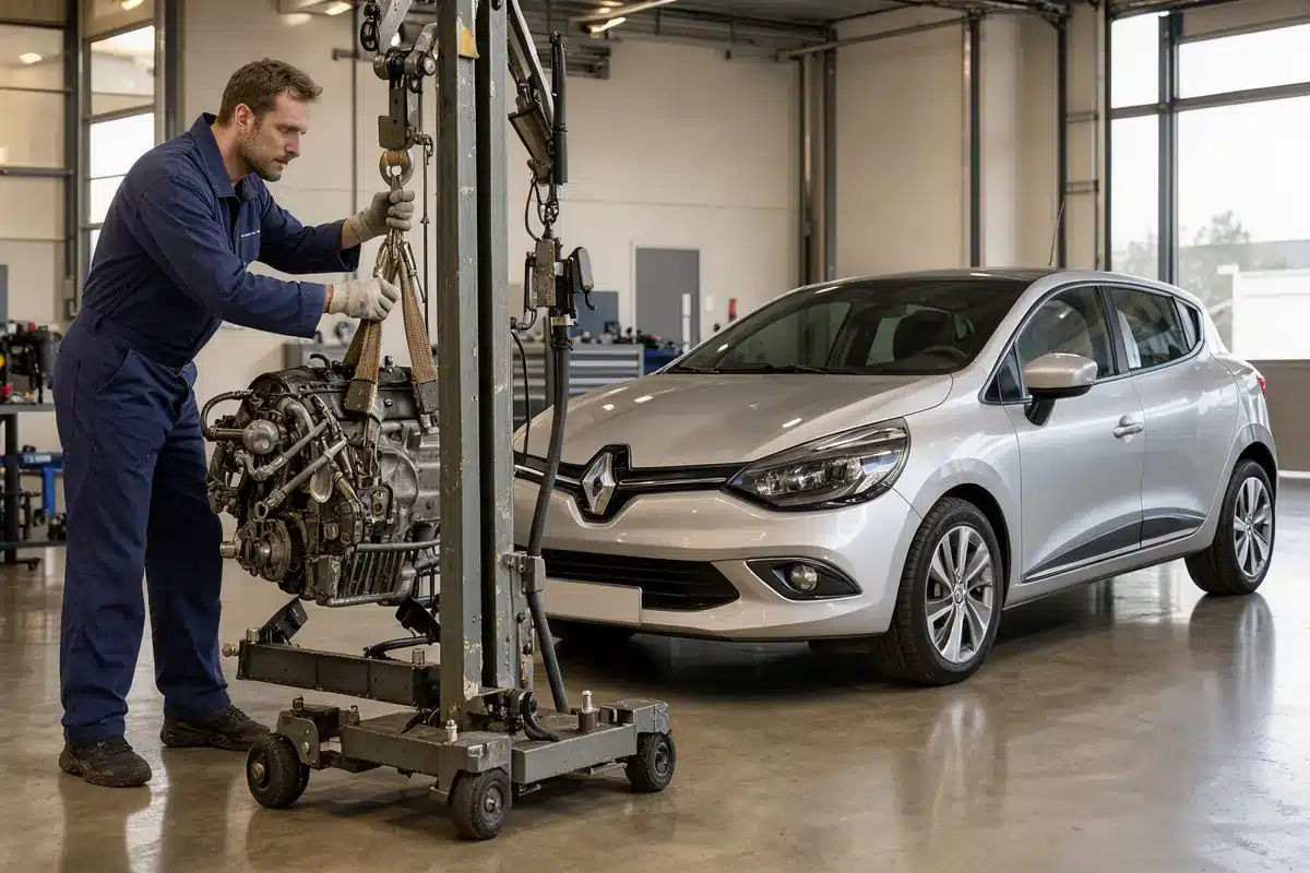 Un mécanicien vérifie le crochet et les sangles d’une grue d’atelier près d’une Renault Clio IV.
