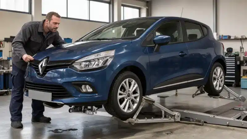 Une Renault Clio IV levée sur un pont, pendant qu’un mécanicien vérifie les bras de levage.